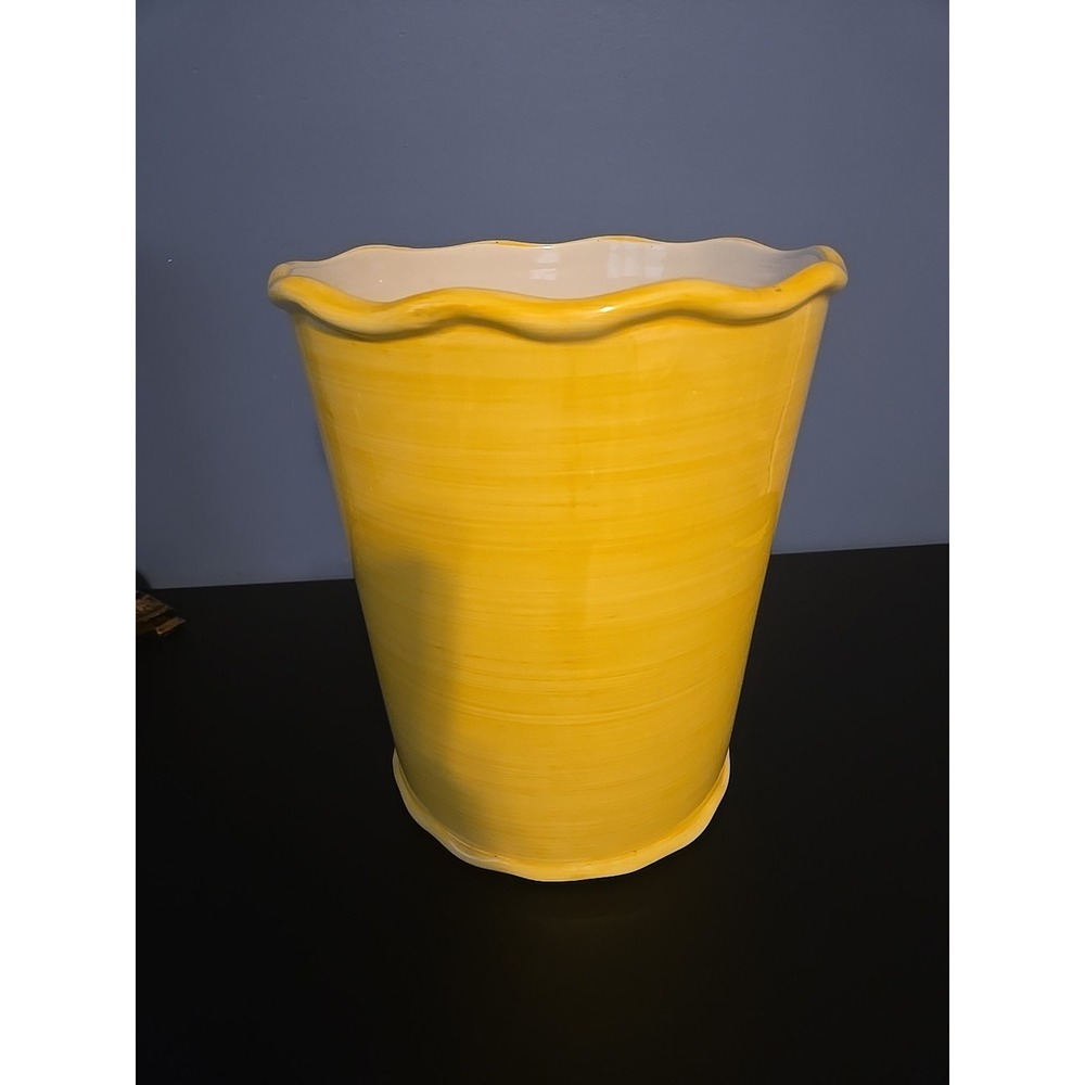 Springmaid Decorative Yellow Container Vase Waste Basket Scalloped Edge